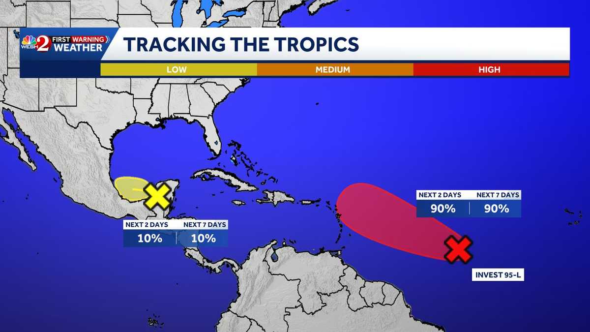 Tropical depression expected to form as Invest 95-L continues to organize; 2nd area tagged in Gulf