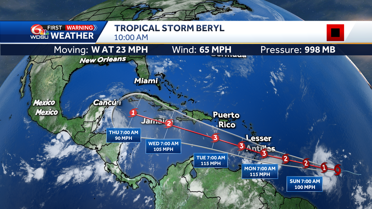 Beryl now forecast to become a major hurricane by Monday