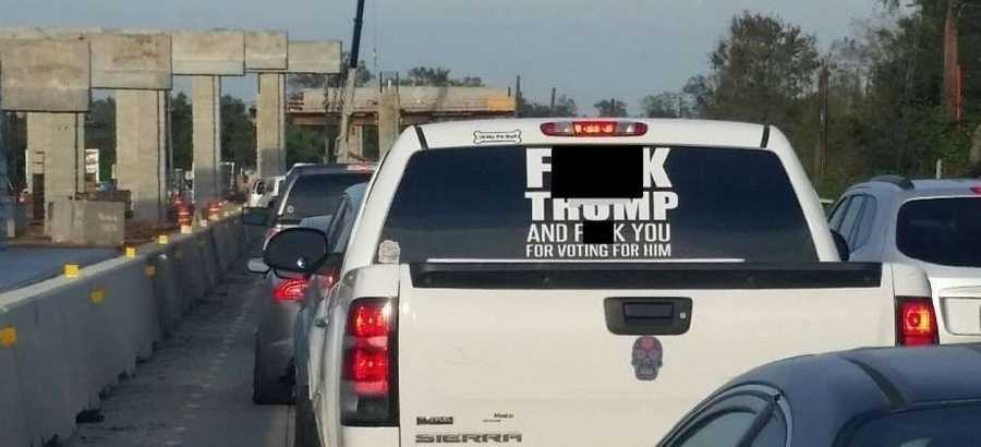 Fort Bend County Sheriff Troy Nehls is threatening disorderly conduct charges against the owner of a white truck bearing a large "F--- TRUMP" sticker on the back window.