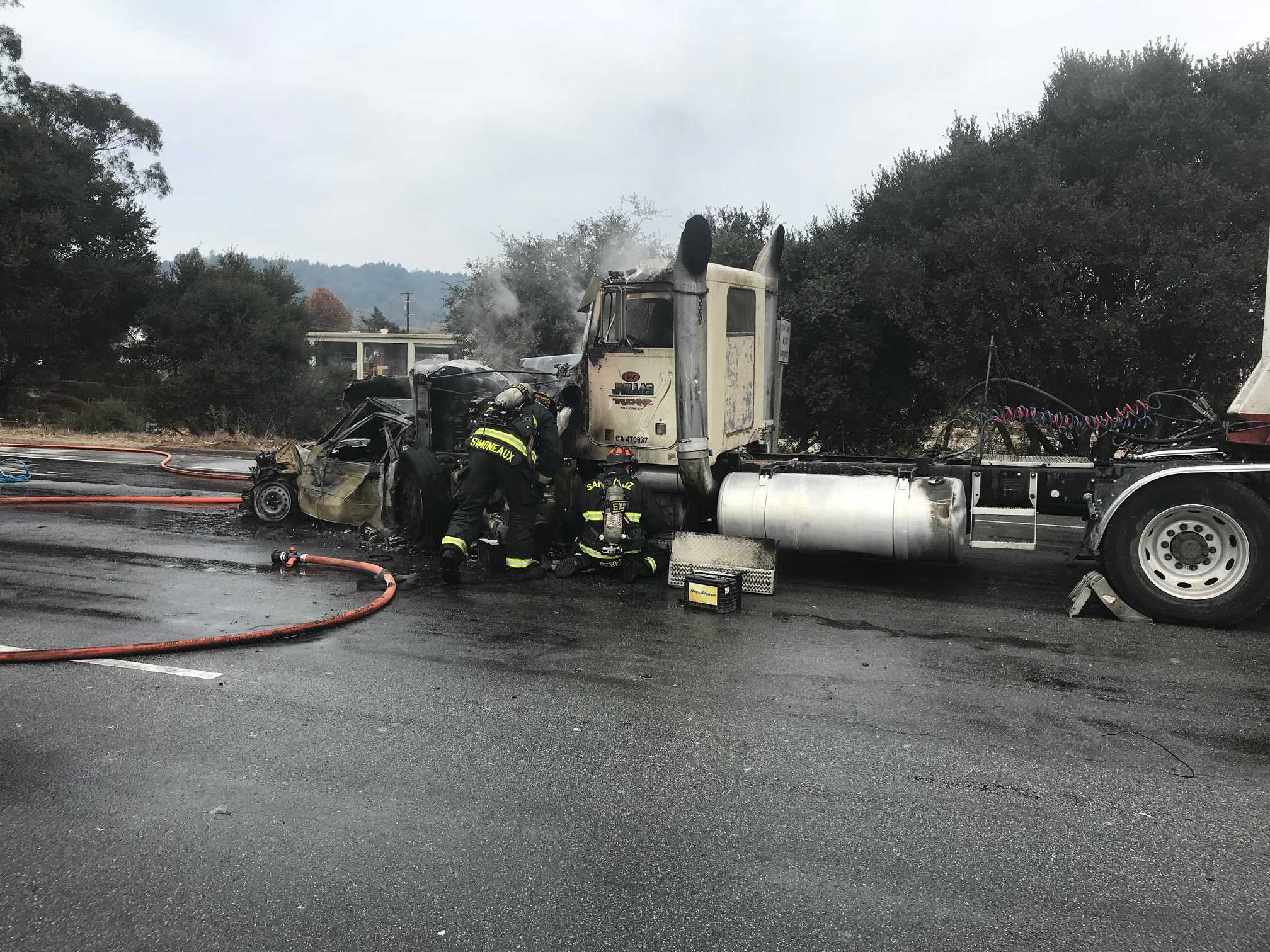 NB Highway 1 shut down after a runaway big rig collides with cars