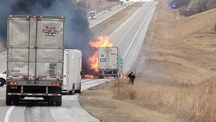 WATCH: Video shows semi-truck engulfed in flames on I-80