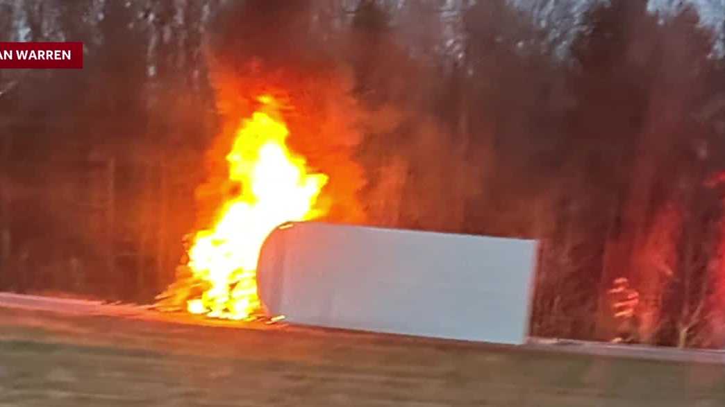 Truck catches fire after rollover crash on I-89 in Lebanon