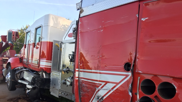 Fire truck hit by semi-truck while responding to trailer-truck fire in