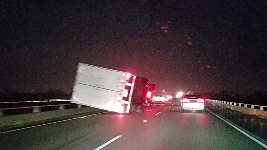 A big rig overturned on southbound Interstate 5 near Woodland on Wednesday, Jan. 18, 2017, Caltrans said.