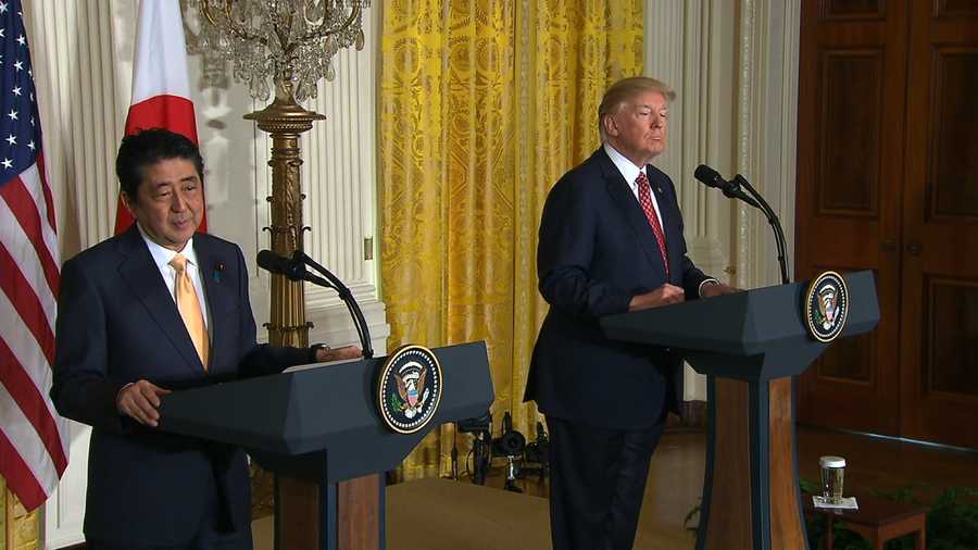 ​President Donald Trump and Japanese Prime Minister Shinzo Abe hold a joint press conference Friday, Feb. 10, 2017.