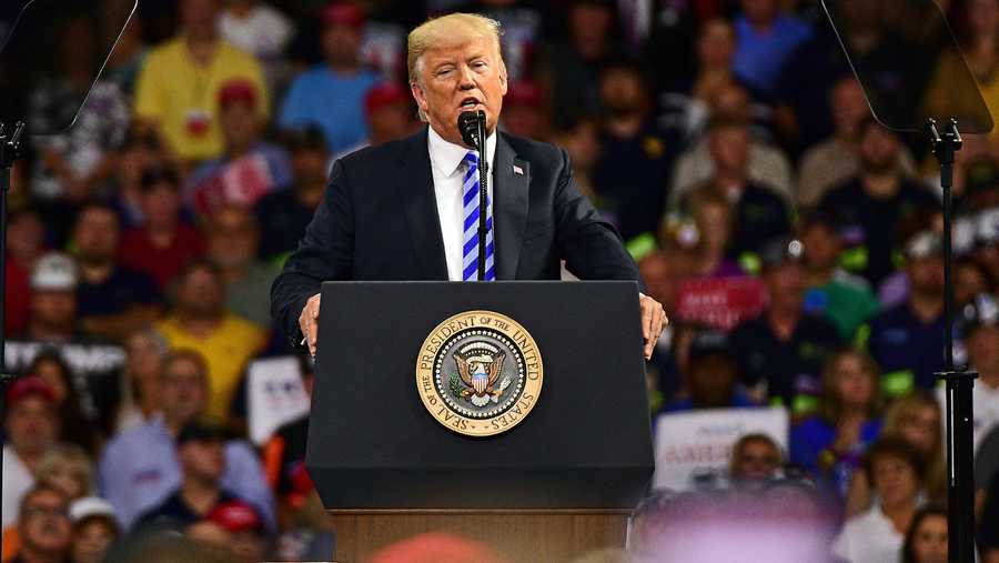 President Donald Trump speaks during a rally Tuesday, Aug. 21, 2018, at the Civic Center in Charleston West Virginia.