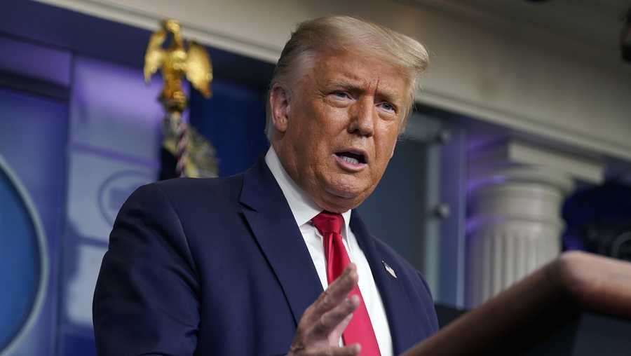 Then-President Donald Trump speaks during a news conference at the White House, Tuesday, July 28, 2020, in Washington.