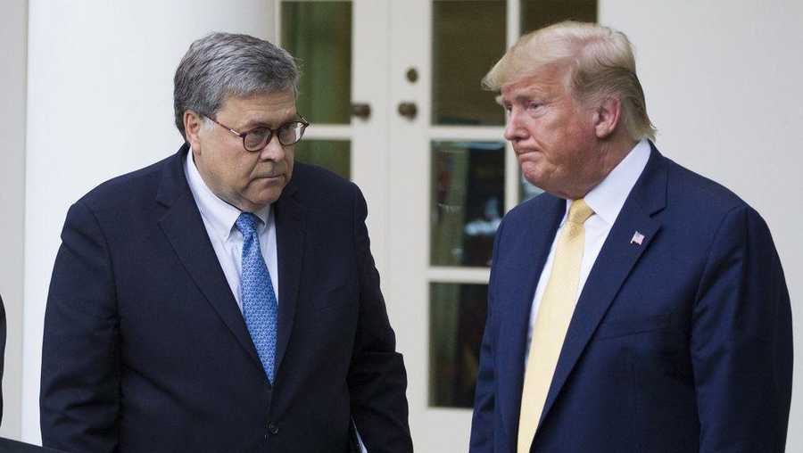 In this July 11, 2019, file photo, Attorney General William Barr, left, and President Donald Trump turn to leave after speaking in the Rose Garden of the White House, in Washington.