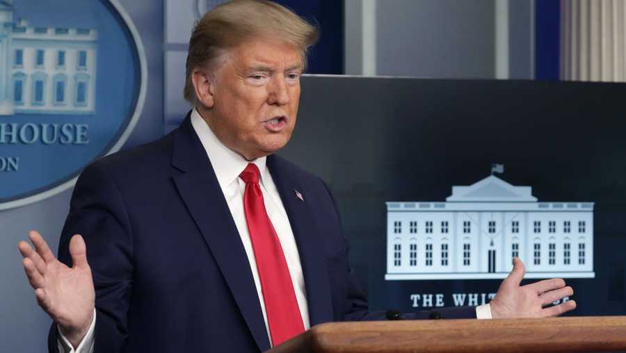 U.S. President Donald Trump speaks during the daily briefing of the White House coronavirus task force at the James Brady Press Briefing Room of the White House April 13, 2020 in Washington, DC.