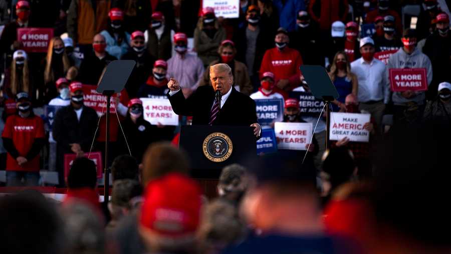 President Donald Trump speaks to supporters during a rally at the Bemidji Regional Airport on Sept. 18, 2020.