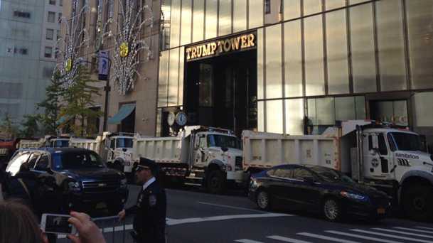 Dump trucks surround Trump Tower and Javits Center on Election Day