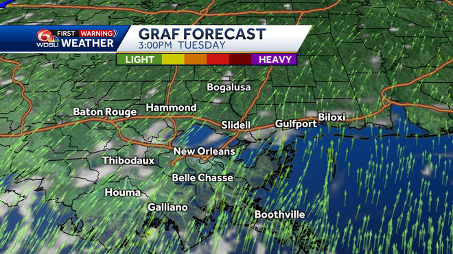 New Orleans weather forecast high temp heat index rain chances