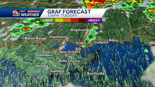 New Orleans weather forecast rain chances severe threat high temp