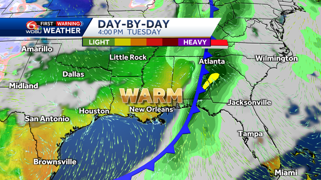 New Orleans weather forecast high Sunday rain chances Monday