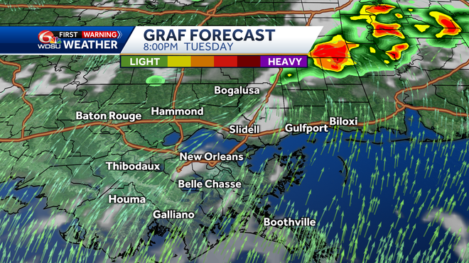 New Orleans weather forecast rain chances severe threat high temp