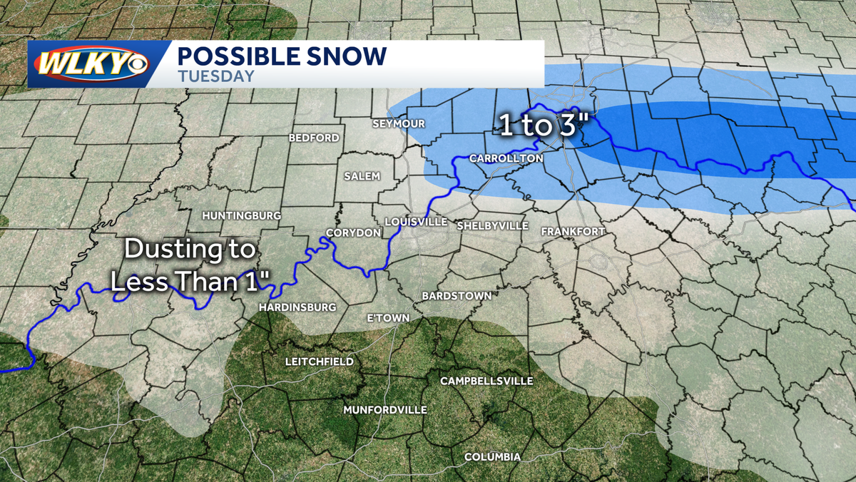 Who gets snow Tuesday in the Louisville region and how much