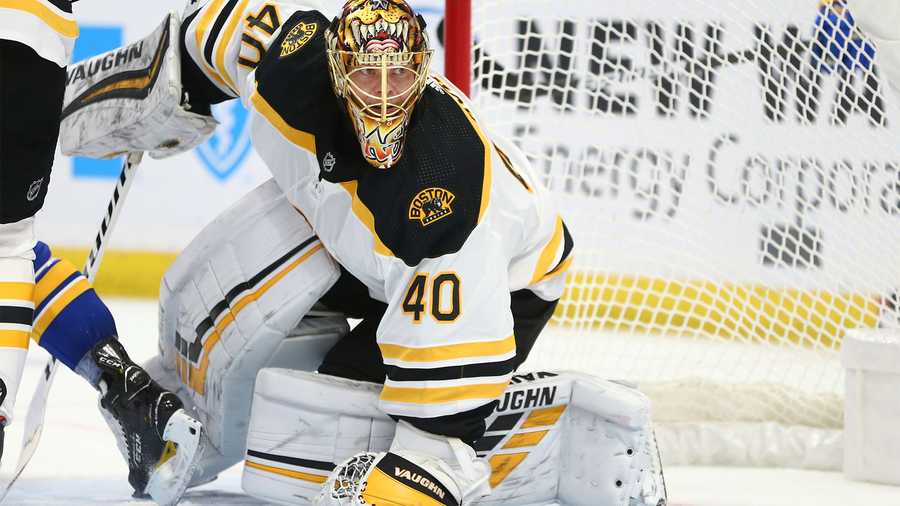 Boston Bruins goalie Tuukka Rask (40) makes a save during the third period of an NHL hockey game against the Buffalo Sabres, Tuesday, April 20, 2021, in Buffalo, N.Y. (AP Photo)