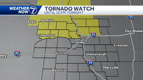 Eastern Nebraska and western Iowa tornado watch counties