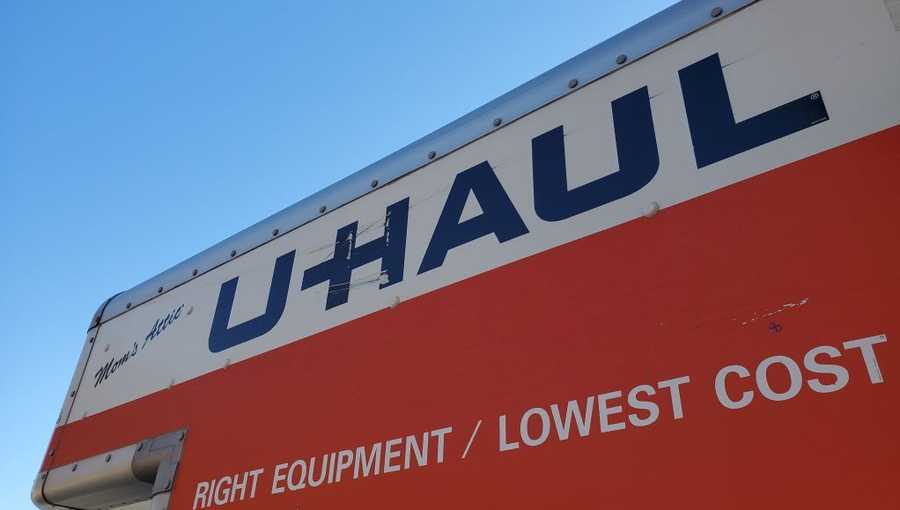 Close-up of the U-Haul moving equipment and storage rental company logo on the side of a moving truck in Pleasant Hill, California, December 8, 2020. (Photo by Smith Collection/Gado/Getty Images)