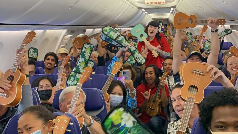 A photo of many plane passengers with ukuleles on a flight.