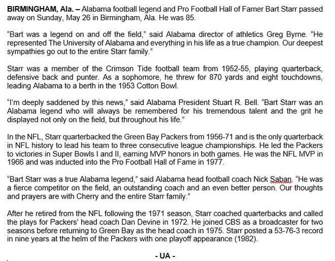 Crimson Tide legend Bart Starr has died at 85