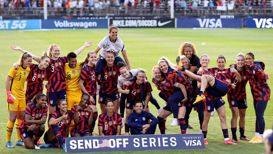 The United States Women's National Team poses for a picture after the Send Off series match against Mexico at Pratt & Whitney Stadium at Rentschler Field on July 05, 2021 in East Hartford, Connecticut. The United States defeated Mexico 4-0.