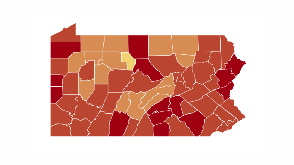 COVID-19-Übertragungsraten in Pennsylvania nach Landkreisen COVID-19-Übertragungsraten in Pennsylvania nach Landkreisen