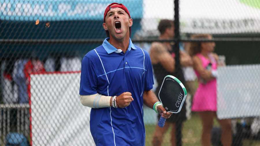 Alexander Crum reacts during the second day of the 2024 APP Chicago Open at Danny Cunniff Park on August 29, 2024 in Highland Park, Illinois.