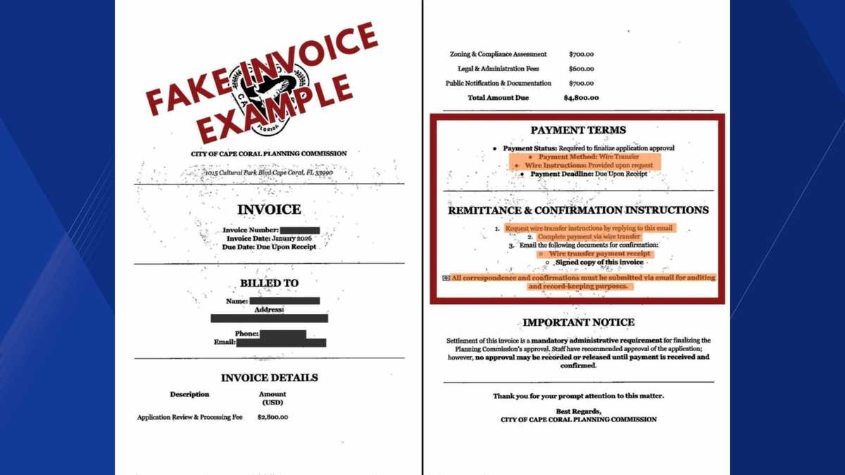 Scam Invoice Example City of Cape Coral warns public of fraudulent invoice scam
