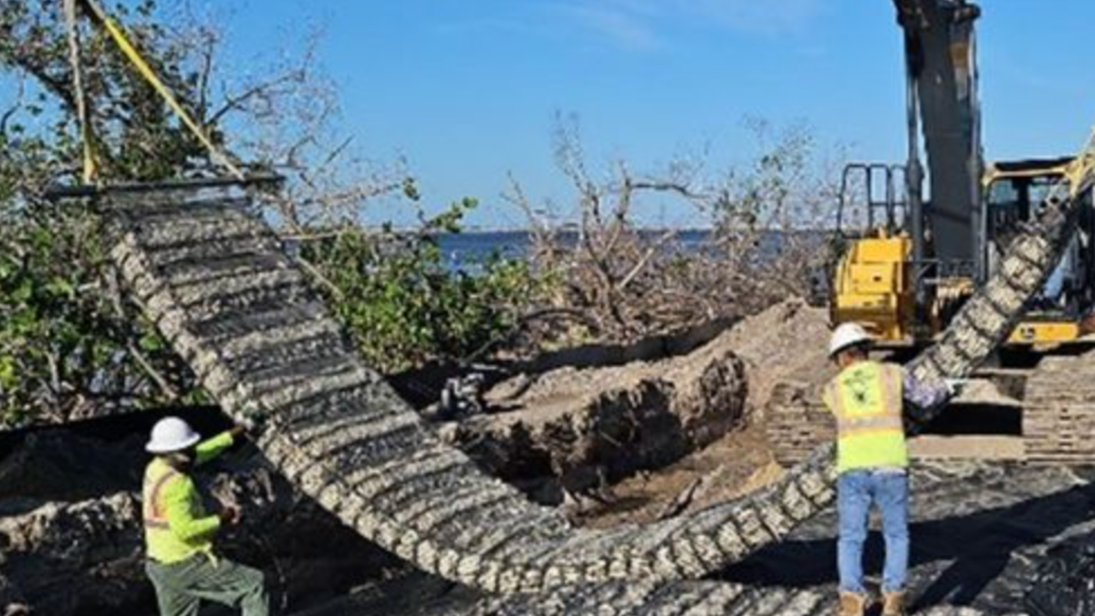 Crews installing marine matresses along Sanibel Causeway