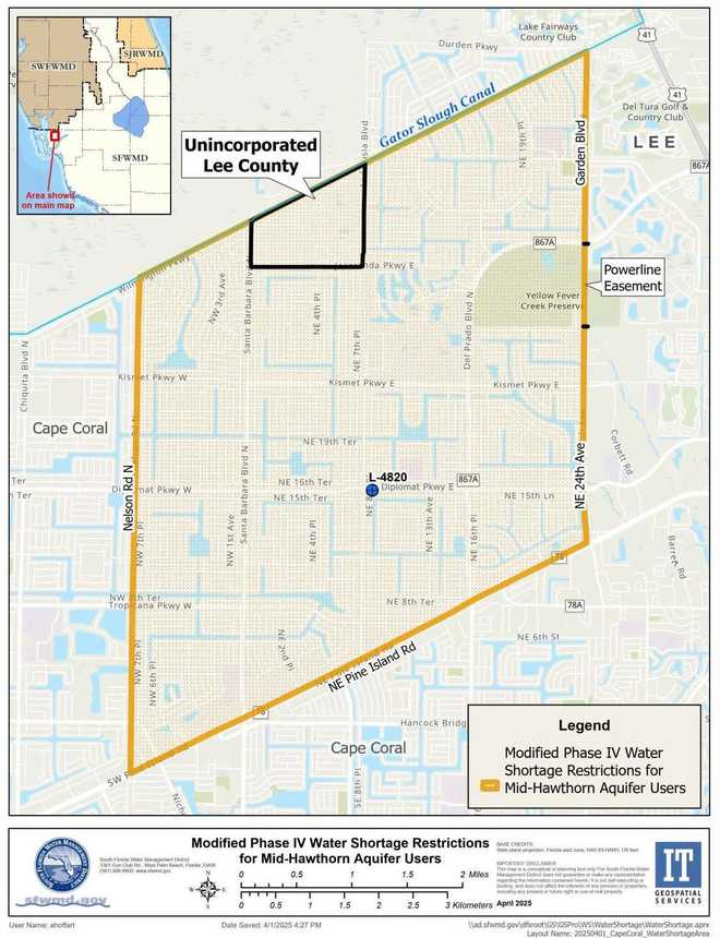 Cape Coral water restriction zone map for Mid-Hawthorne aquifer.