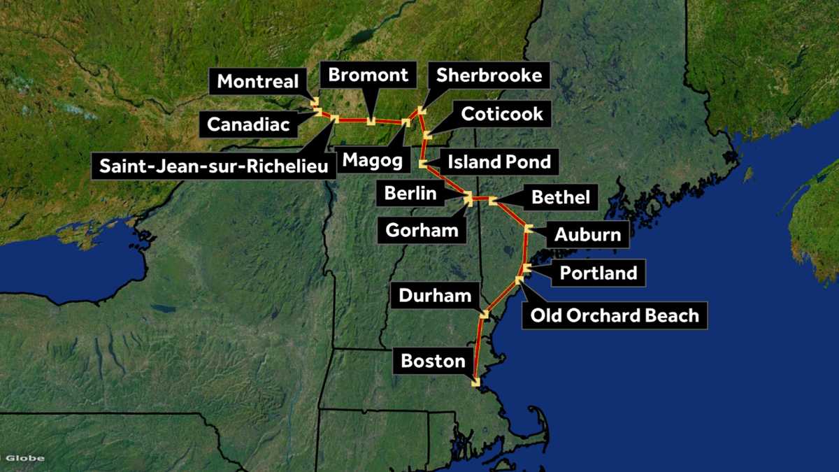 MontrealBoston train Map has route through New Hampshire
