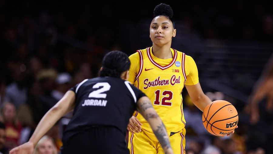 Southern California guard JuJu Watkins (12) controls the ball against Mississippi State guard Jerkaila Jordan (2) during the first half in the second round of the NCAA college basketball tournament.