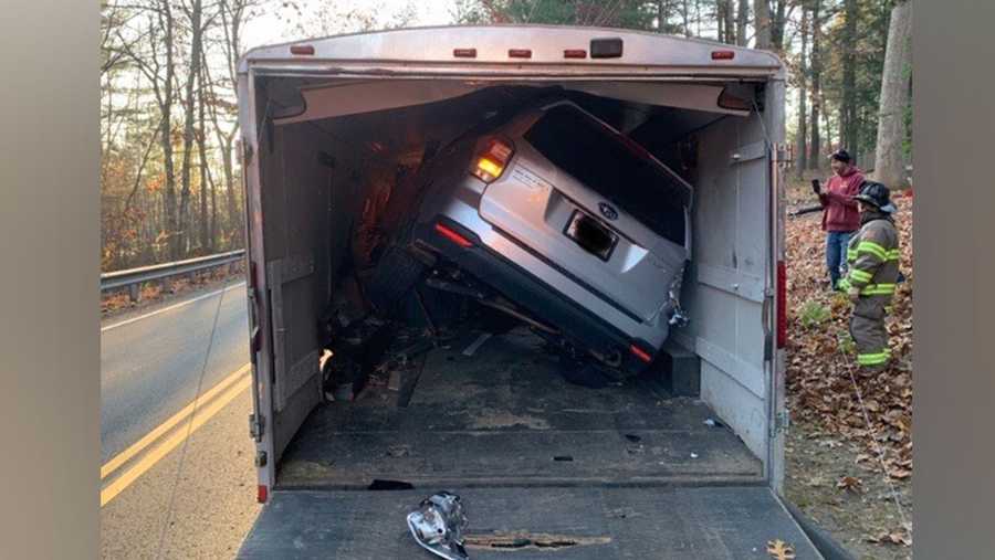 A vehicle that crashed into the back of an open landscaping trailer in Massachusetts on Nov. 6, 2019.