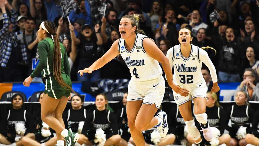 VILLANOVA, PA - MARCH 18: Kaitlyn Orihel #4 of the Villanova Wildcats reacts to her three point shot during the first round of the 2023 NCAA Women&apos;s Basketball Tournament held at Finneran Pavilion on March 18, 2023 in Villanova, Pennsylvania. (Photo by Eric Hartline/NCAA Photos via Getty Images)