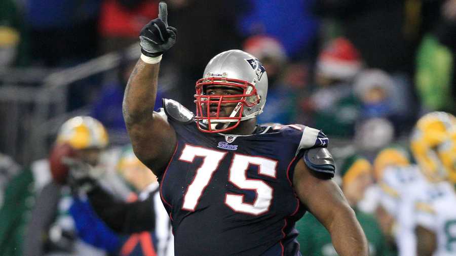 New England Patriots nose tackle Vince Wilfork celebrates against the Green Bay Packers during the second half of an NFL football game in Foxborough, Mass., Sunday Dec. 19, 2010.
