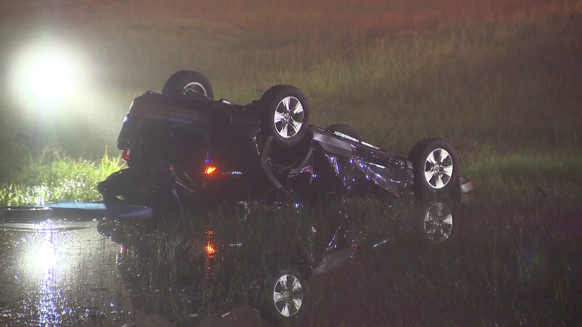 Car involved in rollover crash lands in flooded median on Interstate 93 in Quincy