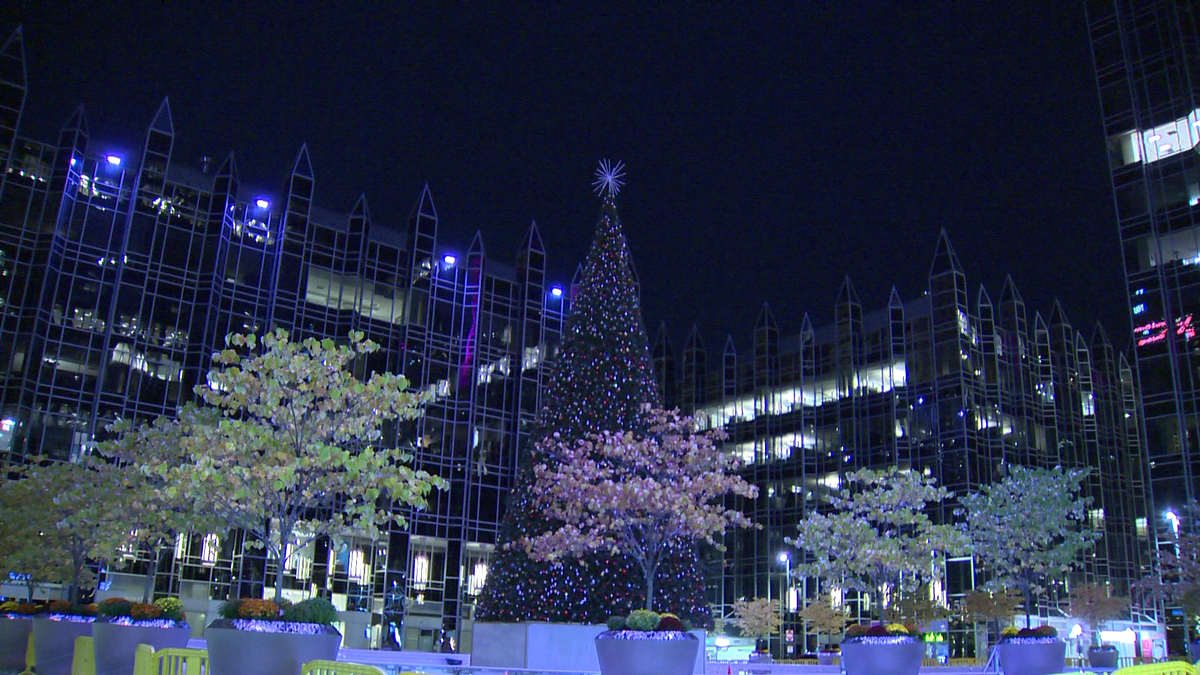 Deck the halls Christmas tree erected at ice rink at PPG Place