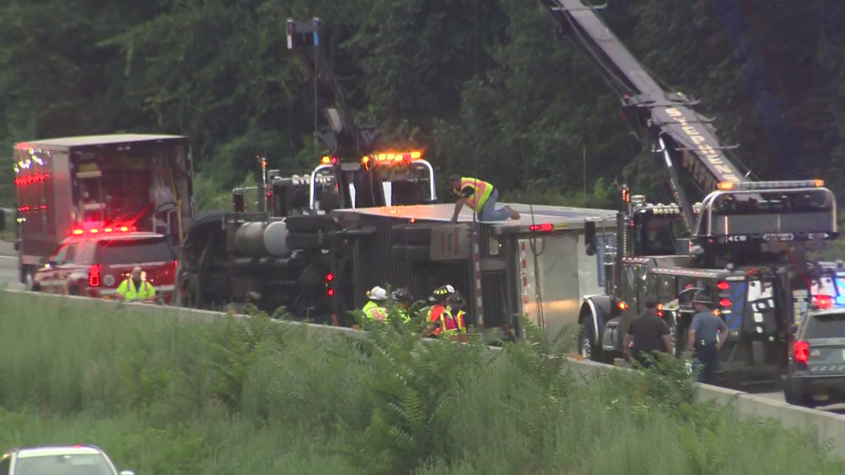 Overturned tractortrailer causing delays on Route 128 in Wakefield, Massachusetts