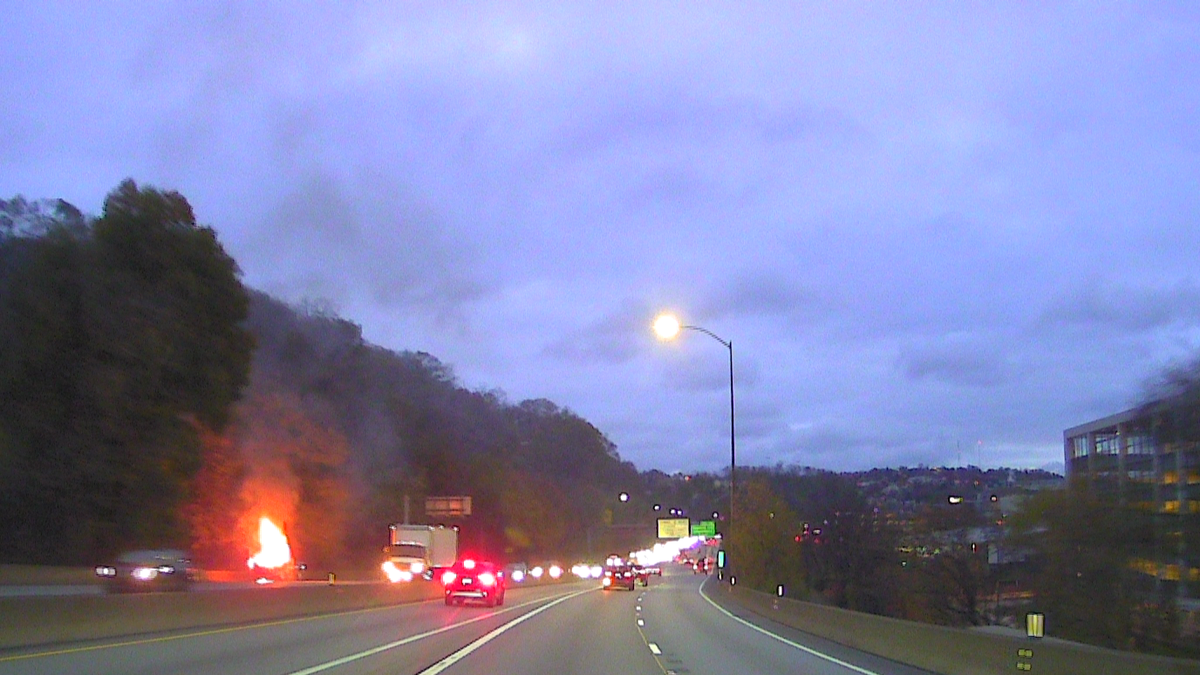Pickup truck catches fire on the Parkway East