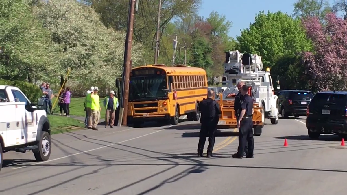 Unoccupied school bus rolls down road, hits utility pole