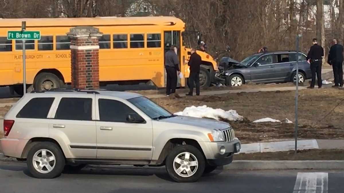 Car collides with Plattsburgh school bus carrying 11 students