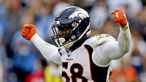 In this Dec. 6, 2015, file photo, Denver Broncos outside linebacker Von Miller celebrates a sack against the San Diego Chargers during the second half in an NFL football game in San Diego. 