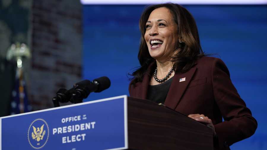 FILE - In this Tuesday, Nov. 24, 2020 file photo, Vice President-elect Kamala Harris speaks as she and President-elect Joe Biden introduce their nominees and appointees to key national security and foreign policy posts at The Queen theater, in Wilmington, Del.