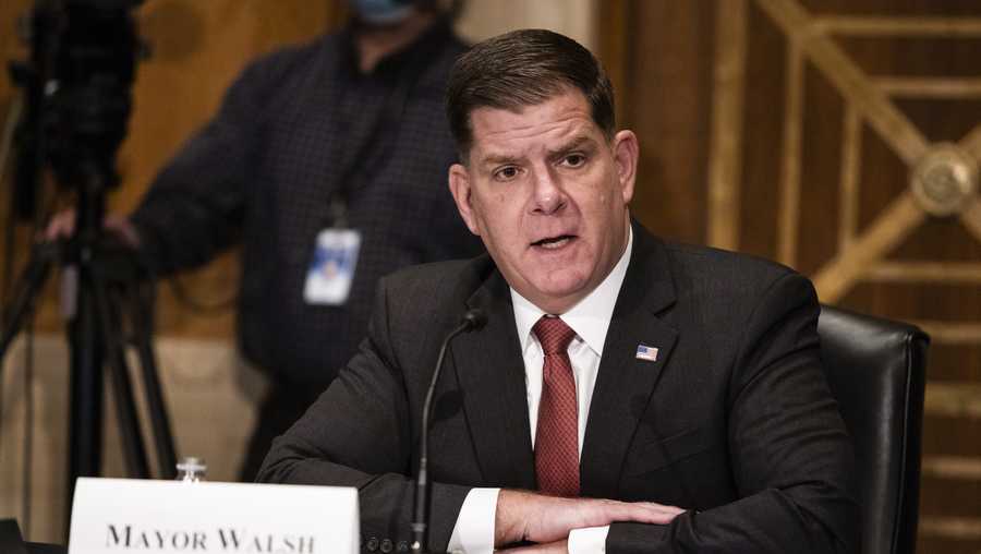 Boston Mayor Marty Walsh speaks during a Senate Health, Education, Labor and Pensions Committee hearing on his nomination to be labor secretary on Capitol Hill, Thursday, Feb. 4, 2021. (Graeme Jennings/Pool via AP)