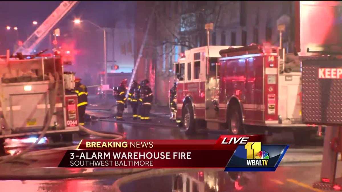 Crews battle 3-alarm warehouse fire in southwest Baltimore