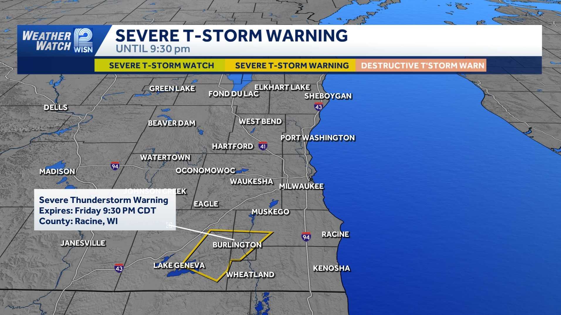 Severe thunderstorm warning issued for Racine, Walworth counties