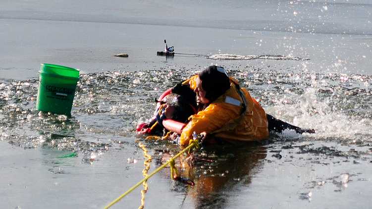 two ice fishermen fall through ice