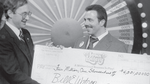 Lottery players in Iowa have claimed nearly 200 prizes of at least $1 million since 1985. Bill Watson, of Council Bluffs, is shown claiming his $4 million prize from November 1985.