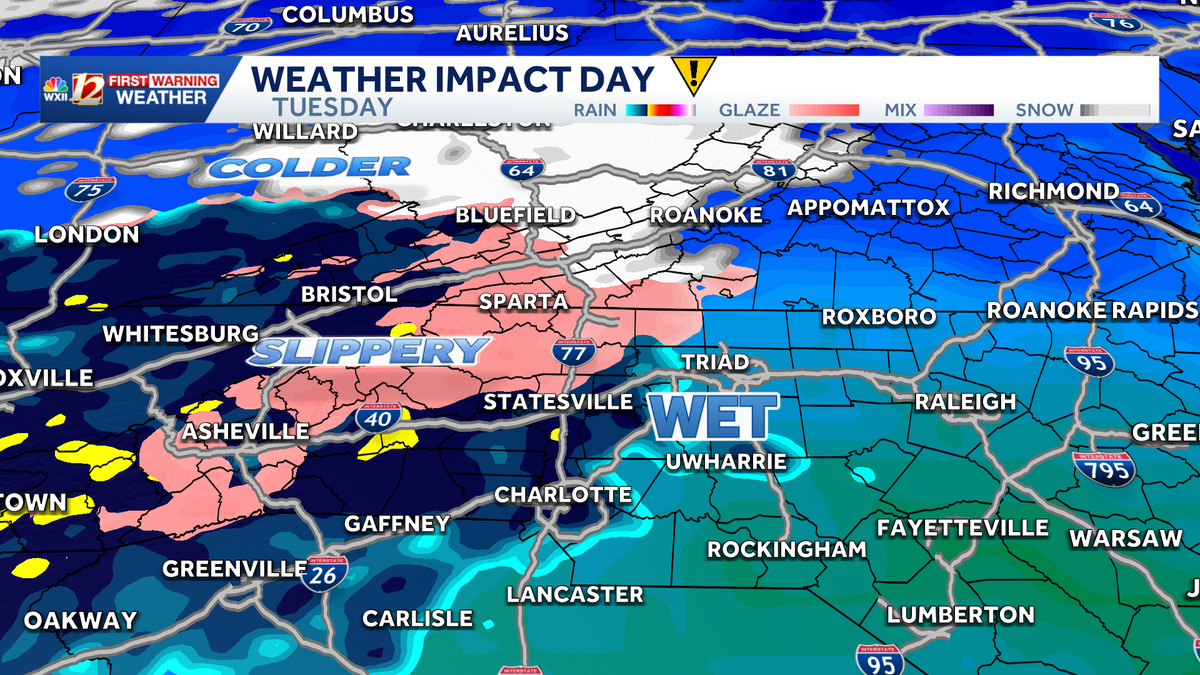 Umbrellas needed in North Carolina on Tuesday, a big storm brings icy travel in mountains